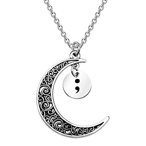 BEKECH Mental Health Gift Semicolon Crescent Moon Pendant Necklace Semicolon Jewelry Depression Awareness Jewelry Suicide Awareness Jewelry for Her (moon necklace)
