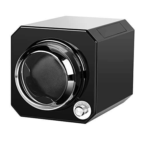 Single Watch Winder for Automatic Watches, Watch Winder in Black Shell with High-Gloss Lacquer, Stackable, Upgraded Soft Adjustable Pillows, Japanese Quiet Motor, Battery Powered or USB Charge