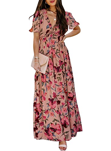 BLENCOT Women's Casual Boho Floral Printed Deep V Neck Loose Short Sleeve Long Evening Dress Ruched Cocktail Party Maxi Wedding Dress Red Medium