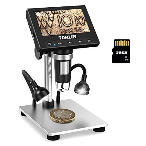 TOMLOV 1000X Error Coin Microscope with 4.3' LCD Screen, USB Digital Microscope with LED Fill Lights, Metal Stand, PC View, Photo/Video, SD Card Included, Windows Compatible, Model- DM4S
