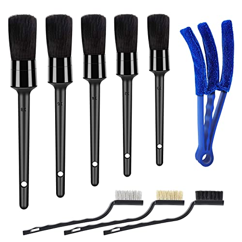 HMPLL 9pcs Auto Car Detailing Brush Set/ Interior Cleaning Kit Includes 5 Soft Premium Detail Brush, 3 Wire Brush & 1 Vent Cleaning Brush for Cleaning Interior, Dashboard, Engines, Leather, Wheel
