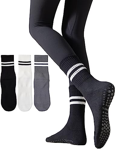 Irisbear Womens Pilates Socks Non Slip Yoga Socks Barre Hospital Athletic Socks for Women 3 PACK BLACK WHITE GRAY