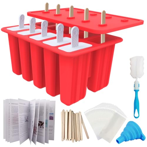Homemade Popsicle Molds Shapes, Silicone Frozen Ice Popsicle Maker-BPA Free, with 50 Sticks, 50 Bags, 10 Reusable Sticks, Brush, Funnel and Ice Pop Recipes