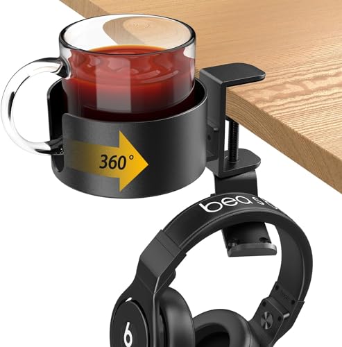 Sackei 2 in 1 PC Gaming Headset Hanger & Cup Holder Metal, Under Desk 360° Rotating Headphone Stand Anti-Spill Cup Holder Clamp for Xbox, PS4, PS5, PC Gaming Desk Organizer Accessories