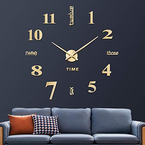 VREAONE Frameless DIY Wall Clock,Large Modern 3D Mirror Wall Clock Decor Sticker DIY Clock kit for Home Living Room Bedroom Office Wall Decorations(Gold)