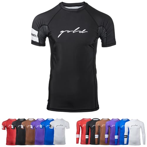 Gold BJJ Foundation Rash Guard - Ranked No-Gi and Gi Jiu Jitsu Rashguard (Short Sleeve, Black, M)