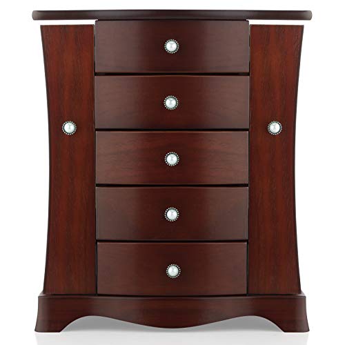 RR ROUND RICH DESIGN Jewelry Box - Made of Solid Wood with Tower Style 4 Drawers Organizer and 2 Separated Open Doors on 2 Sides and Large Mirror Brown