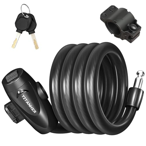 Titanker Bike Lock, Bike Lock Cable 4 Feet Coiled Secure Bicycle Lock with Keys Scooter Lock Bike Locks 1/2 Inch Thick Heavy Duty Anti Theft Bike Cable Lock with Mounting Bracket
