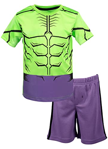 Marvel Avengers Hulk Toddler Boys' Athletic T-Shirt & Mesh Shorts Set, Green/Purple (4T)