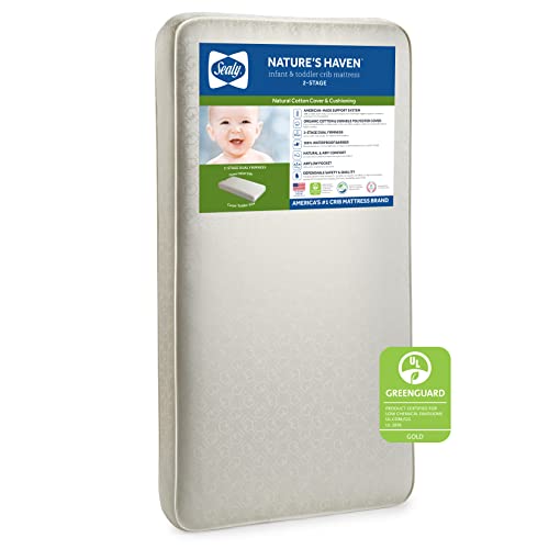 Sealy Nature's Haven 2-Stage Dual Firmness Baby Crib Mattress & Toddler Bed Mattress, Breathable Crib Mattress, Certified Organic Cotton, Extra Firm Coils, Air Quality Certified - Made in USA, 52'X28'