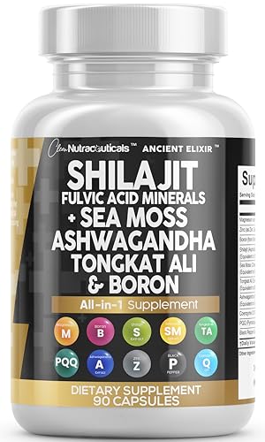 Clean Nutraceuticals Shilajit Supplement 10,000mg with Sea Moss 6000mg, Ashwagandha 6000mg, Tongkat Ali, Boron, Magnesium - Fulvic Acid Capsules for Men - 90 Count
