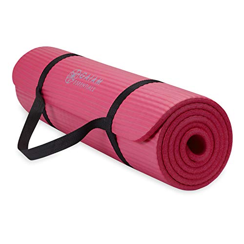 Gaiam Essentials Thick Yoga Mat Fitness & Exercise Mat with Easy-Cinch Carrier Strap, Pink, 72'L X 24'W X 2/5 Inch Thick