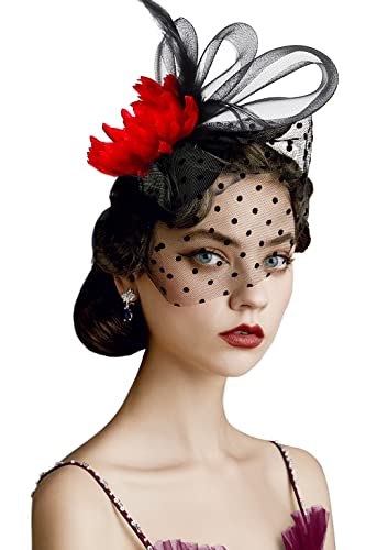 BABEYOND Fascinator Hat Veil Feather Fascinators Hair Clip Tea Party Pillbox Derby Hat Fascinator Bridal Wedding Veil
