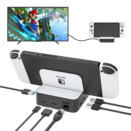 Upgraded Switch TV Dock for Nintendo Switch/Switch OLED, MVIIOE Switch Docking Station with Ethernet LAN, Support YouTube, 4K@60HZ 1080P HDMI 2.0 Port, 3 USB Ports & PD Fast Charging White