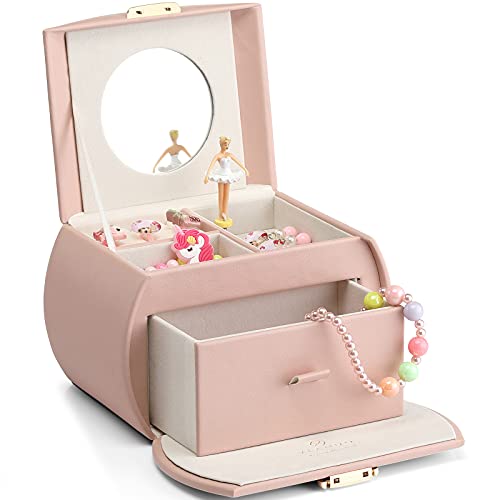 Vlando Kids Musical Jewelry Box for Girls with Drawer, Music Box with Ballerina and Stickers for Birthday Bedroom Decor, Gifts for Girls Kids - Pink
