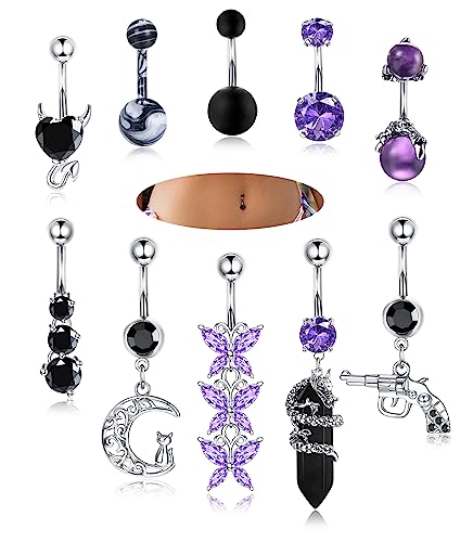LOLIAS 10Pcs Belly Button Rings Surgical Stainless Steel Belly Rings CZ Heart Dragon Butterfly Dangle Belly Button Rings for Women Navel Belly Barbell Piercing Jewelry Purple