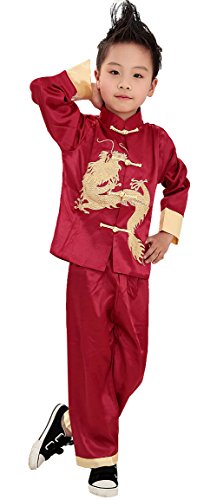 AvaCostume Traditional Chinese Boy Dragon Kung Fu Outfit Tang Costume, Red, 8