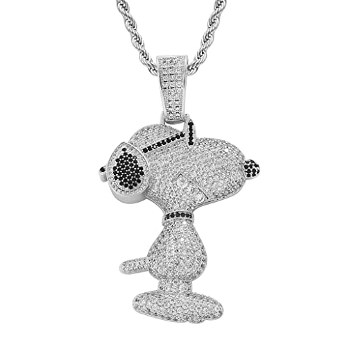 Iced Out Necklace for Men - 14K Real Gold Plated Copper Cuban Zirconia Pendant- Anime Peripheral ASEN Snoopy Is Cool Hop Pendant with 24'' Rope Chain (silver)