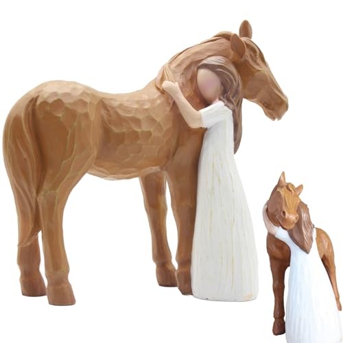 Horse Figurine Gifts for Women, Girl Embraces Horse Statues Gifts for Horse Lovers, Sculpted Hand-Painted Resin Horse Decor, Horses Memorial Gift for Horse Lovers