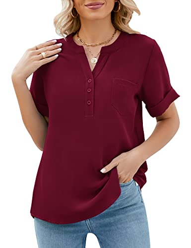 LUYAA Blouses for Women V Neck Henley Dress Shirts Casual Chiffon Office Tops with Pocket Wine Red
