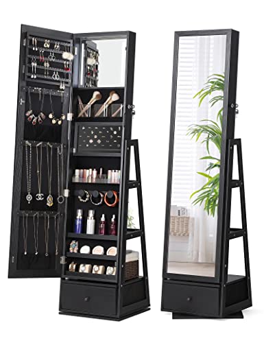 Nicetree 360° Swivel Jewelry Cabinet with Lights, Touch Screen Vanity Mirror, Rotatable Full Length Mirror with Jewelry Storage, Standing Jewelry Armoire Organizer, Foldable Makeup Shelf, Black