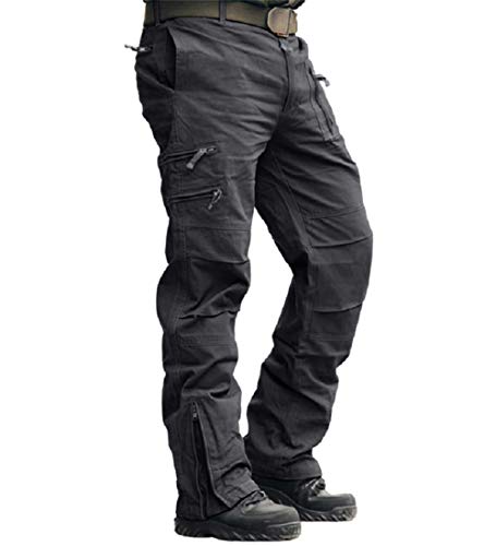 CRYSULLY Men's Casual Trousers Cotton Wild Cargo Pant Combat Wear Work Pants with Zipper Assault Pants Grey