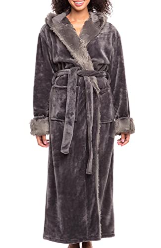 Alexander Del Rossa Women’s Robe, Warm Fleece Hooded Bathrobe with Pockets, Gray with Faux Fur, Small-Medium (A0296STLMD)