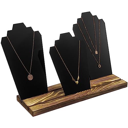 MyGift 3 Panel Modern Black Acrylic Multi Necklace Holder Bust with Rustic Burnt Solid Wood Base, Adjustable Neck Form Easel Jewelry Display Stand, 4 Piece Set