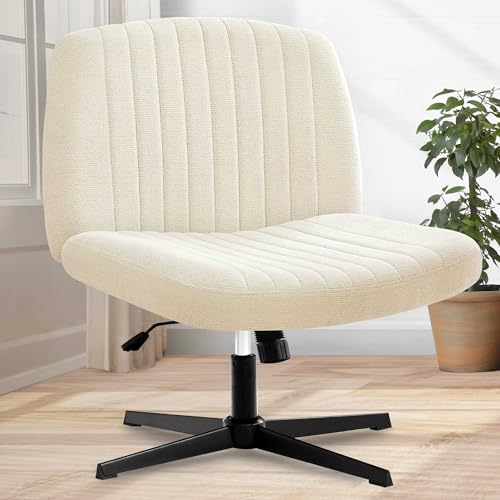 Orange Factory Cross Legged Office Desk Chair No Wheels Fabric Padded Modern Swivel Height Adjustable Wide Seat Computer Task Vanity Chair for Home Office Mid Back Accent Chair (Beige)