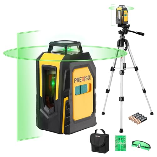 PREXISO 360° Laser Level with Tripod, 100Ft Self Leveling Cross Line Laser- Green Horizontal Line for Construction, Floor Tile, Renovation with Target Plate, Green Glasses, Carry Bag, 4 AA Batteries