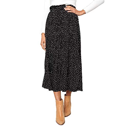 Exlura Womens High Waist Polka Dot Pleated Skirt Midi Swing Skirt with Pockets Black X-Large