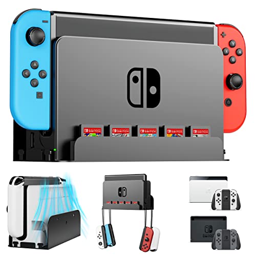 HANTNOOL Upgraded Wall Mount for Switch and Switch OLED, Metal Wall Mount Bracket with Back Airflow Gap Design, 4 Hooks for Joy Cons and 5 Game Card Holders (Black)