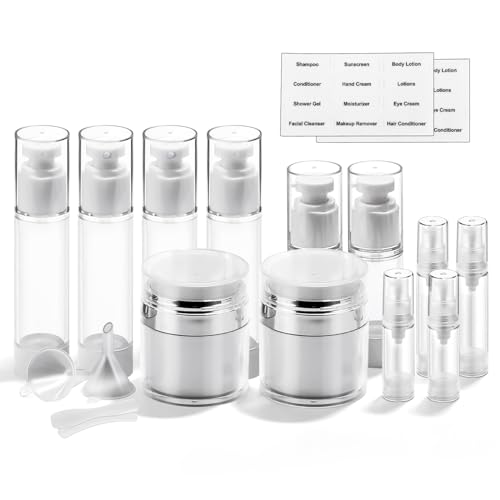18 Pack Bubimon Airless Pump Jars, 1.7/1/0.7/0.34oz Cosmetic Containers, Leak Proof Refillable jar for Toiletries, Cream Lotion, Eye Cream, Liquid, Foundation, Shampoo (BPA Free)