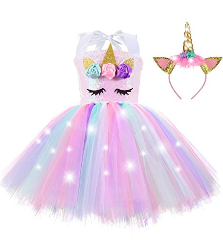 ZeroStage Sequin Lighted Unicorns Gifts for Girls Birthday Party Outfit Dress Up with Headband Halloween Costumes Christmas Princess Tutu Favor Pink 3-4 Year Old