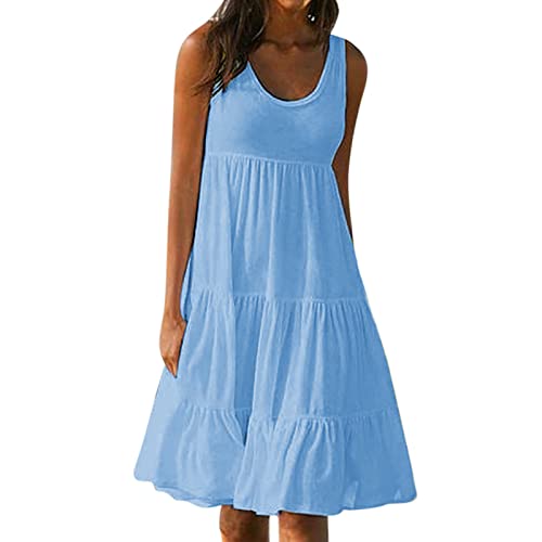 Women Beach Vacation Dresses 2024 Scoop Neck Flowy Tank Dress Tiered Summer Casual Sundresses Cute Trendy Cruise Outfits Dress with Shorts Underneath Sky Blue 4X
