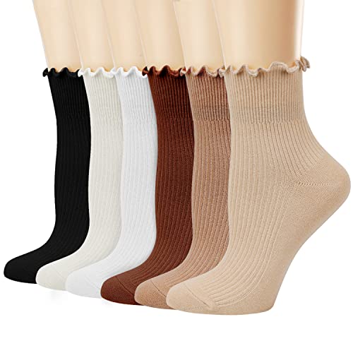 Mcool Mary Women's Ruffle Socks,Casual Cute Ankle Socks Breathable Knit Cotton Warm Soft Frilly Crew Socks for Women 6 Pack