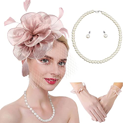 Ibeauti Fascinator Hats with Screentouch Lace Gloves Set for Women Tea Party Cocktail Wedding Derby Headwear Short Gloves (04 Pink)