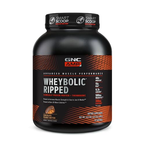 GNC AMP Wheybolic Ripped | Targeted Muscle Building and Workout Support Formula | Pure Whey Protein Powder Isolate with BCAA | Gluten Free | Chocolate Peanut Butter | 22 Servings