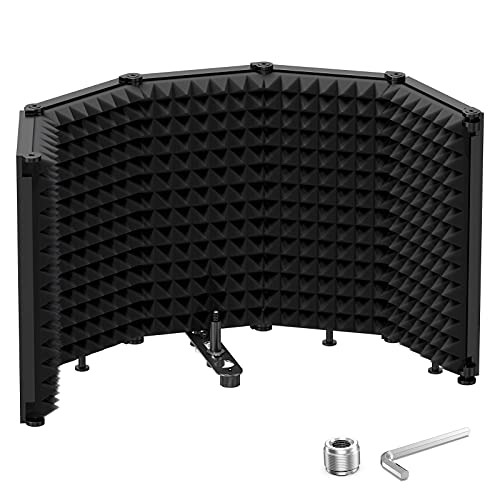 Moukey Microphone Isolation Shield, Foldable Mic Shield with Triple Sound Insulation, Reflection Filter with 3/8' and 5/8' Mic Threaded Mount for Recording Studio, Podcasts, Singing, and Broadcasting