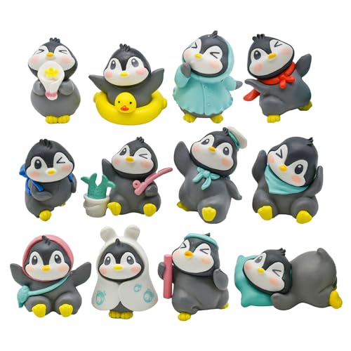 Pinenjoy 12Pcs Mini Cute Penguin Figurines Miniature Antarctica Animal Set Resin Winter Small Penguin Cake Toppers for DIY Birthday Fairy Garden Dollhouse Diorama Landscape