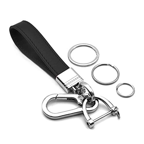 INFIPAR Multifunctional Car and Home Keychain Black Genuine Leather Key Chain and Metal Key Rings for Men Women, with 360 Degree Rotatable Snap Swivel and Anti-lost Screw