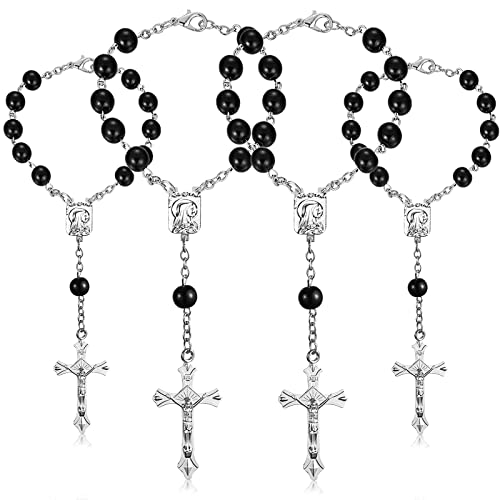 4 Pieces Auto Rosary for Rearview Mirror Pearl Glass Beads Catholic Bracelet Rosary Beads Catholic for Woman Men Car Rosary with Cross Crucifix Rosary Necklace Hanging Accessories (Black Beads)