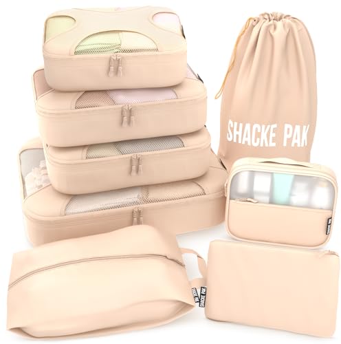 Shacke Pak - 8 Set Packing Cubes - Travel Organizers with Laundry Bag (Cream)