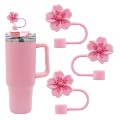 Meitesti 3pcs Cherry Blossom Silicone Straw Cover Cap for Stanley Cup,Straw Topper 10mm 0.4in Dust-Proof Reusable Straw Tips Lids,Flower Straw Tip Covers Gift for Party Decor