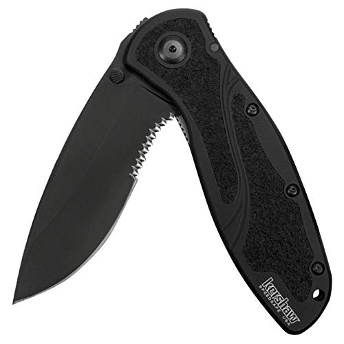Kershaw Blur,Black Serrated(1670BLKST); Folding Knife with All-Black Body,Partially Serrated 3.4” 14C28N Steel Blade,Anodized Aluminum Handle with Trac-Tec Grip,Reversible Pock lip; 3.9OZ