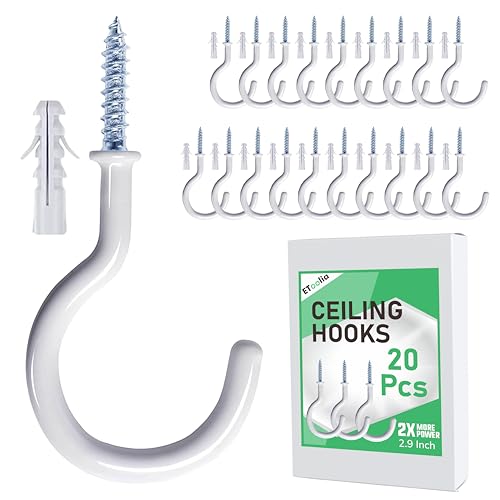 Etoolia 20 Pcs Ceiling Hooks for Hanging Plants - 2.9 inches Heavy Duty, Hanging Hooks for Christmas Lights, Cups, Decors - White Vinyl Coated Screw in Plant Hanger Hook Indoor and Outdoor