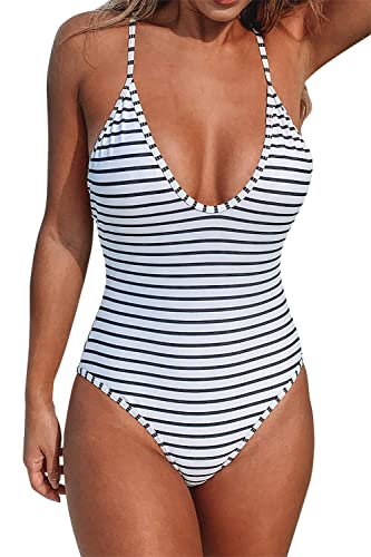 CUPSHE Women's One Piece Swimsuit Striped Scoop Neck Cross Back Beach Swimwear Bathing Suits S