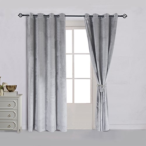 Cherry Home Super Soft Luxury Velvet Set of 2 Silver Gray Classic Blackout Curtains Panels Home Theater Grommet Drapes Eyelet 52Wx96L inch Light Grey