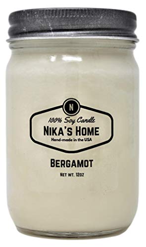Nika's Home Bergamot Soy Candle 12oz Mason Jar Non-Toxic White Soy Handmade Long Burning 50-60 Hours Highly Scented All Natural Candles Clean Burning Large Candle Gift Décor