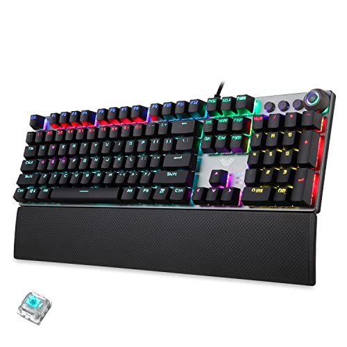 AULA Mechanical Gaming Keyboard Blue Switches,Rainbow LED Backlit,Ergonomic Wrist Rest,Aluminum Base,Full Size 108 Keys Anti-Ghosting,Macro Programmable Computer Keyboard Wired for PC Laptop